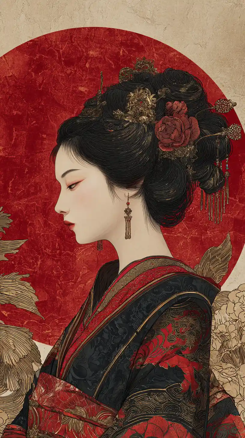 Elegant woman in traditional kimono with red sun backdrop