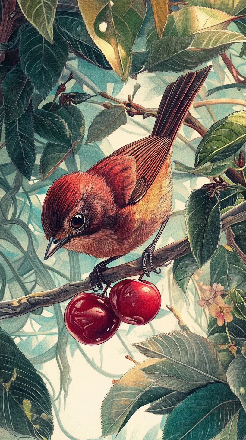 Small bird reaching for a ripe cherry in a pencil artwork