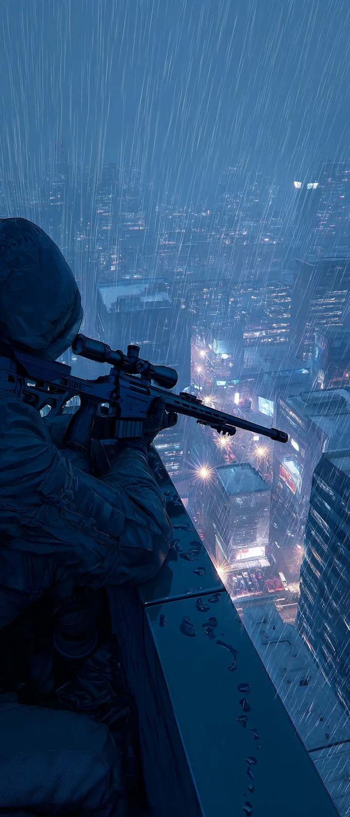 Anime sniper aiming from a ruined skyscraper in heavy rain