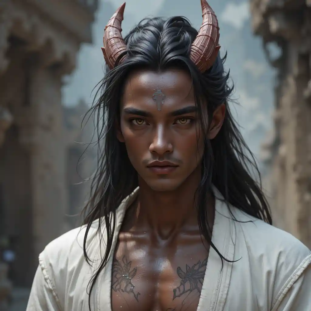 Brown skinned dragon man with red eyes and black wild hair