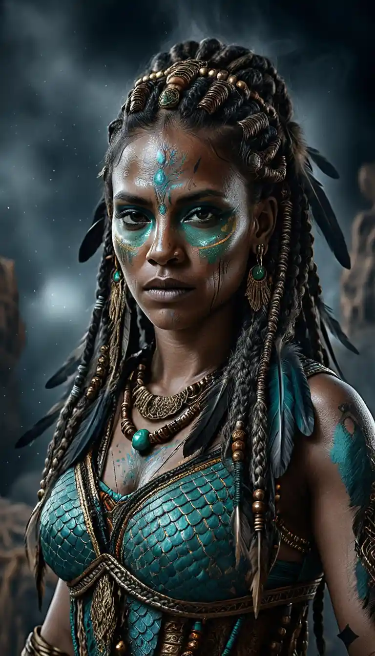 Tribal warrior queen with turquoise ritual markings and braids