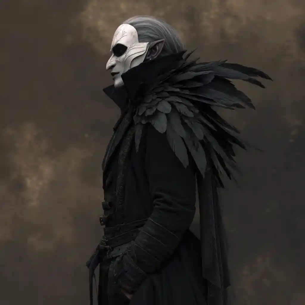 Creepy elf warlock in tattered coat and white mask