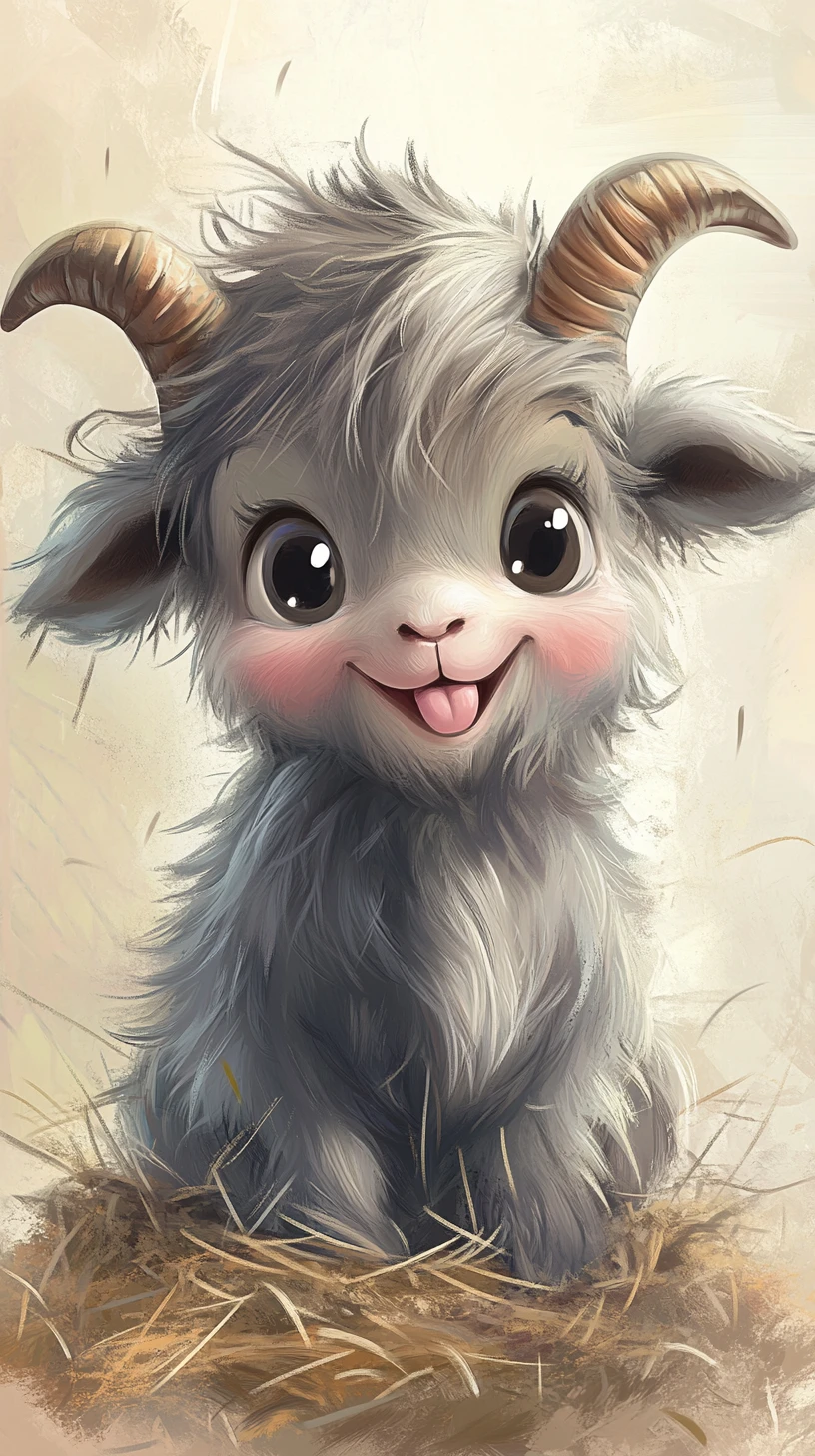 Playful fluffy baby goat cartoon sitting on scattered hay