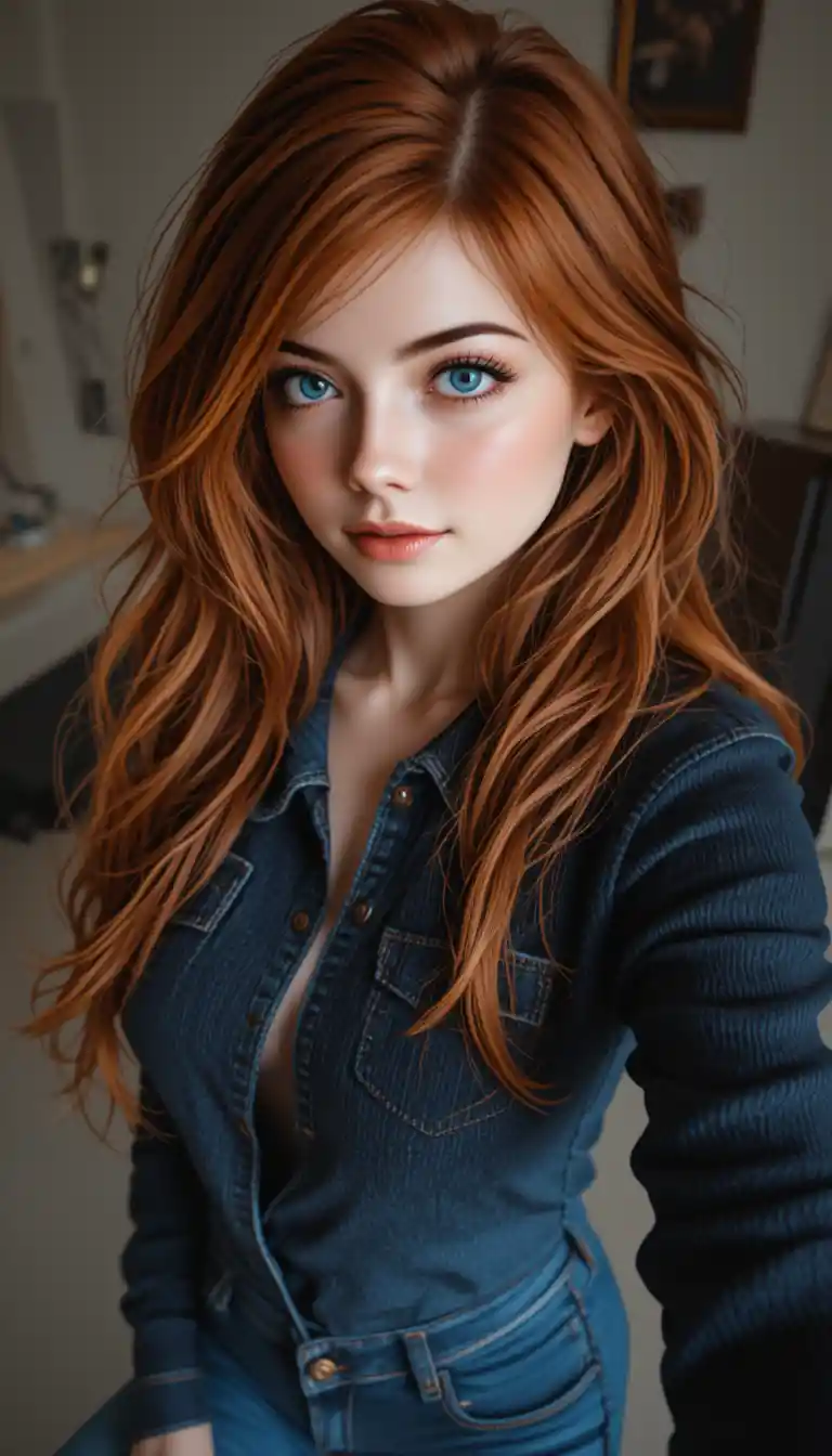 Young red haired woman in denim taking a selfie pov