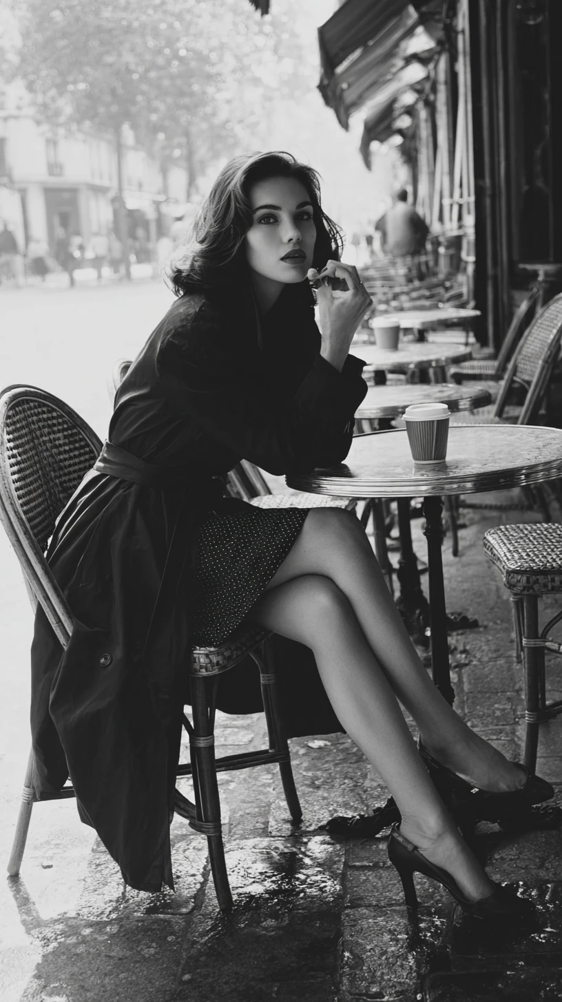 Elegant woman at outdoor cafe in black and white photograph