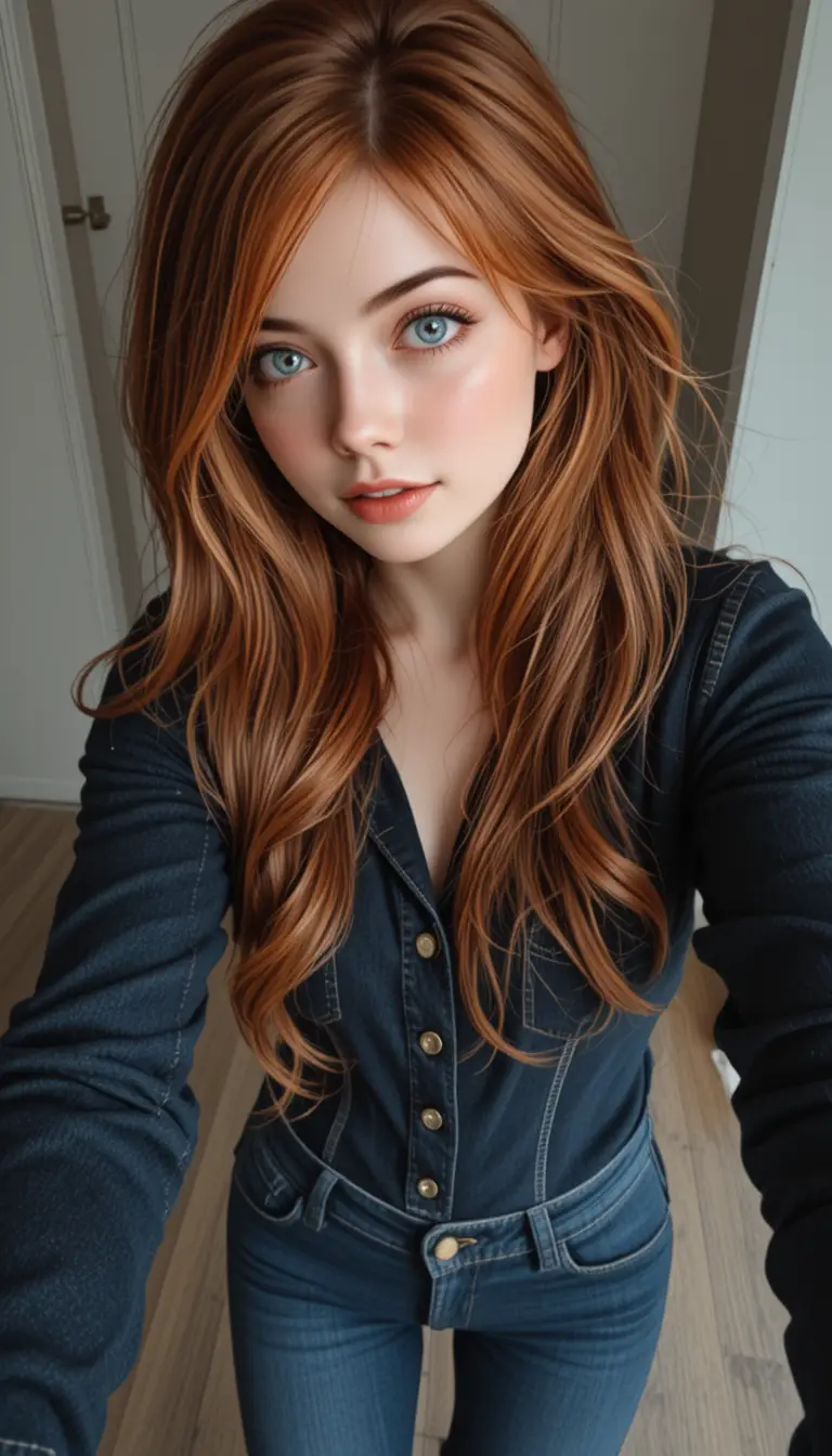 Petite red haired woman in denim taking a selfie pov