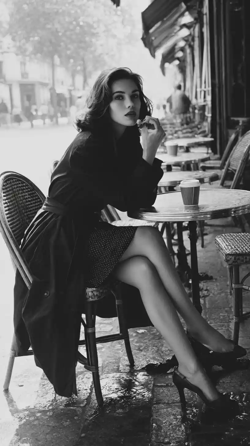 Elegant woman at outdoor cafe in black and white photograph