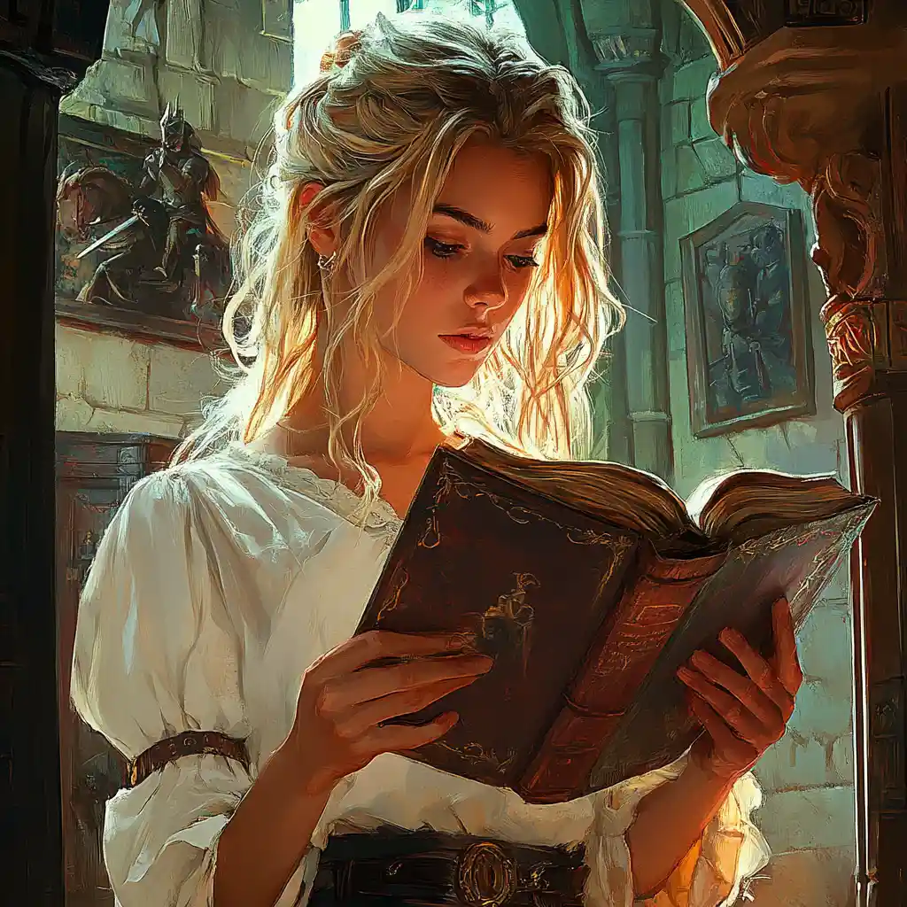 Menina lendo um livro mágico enquanto castelo e dragão aparecem