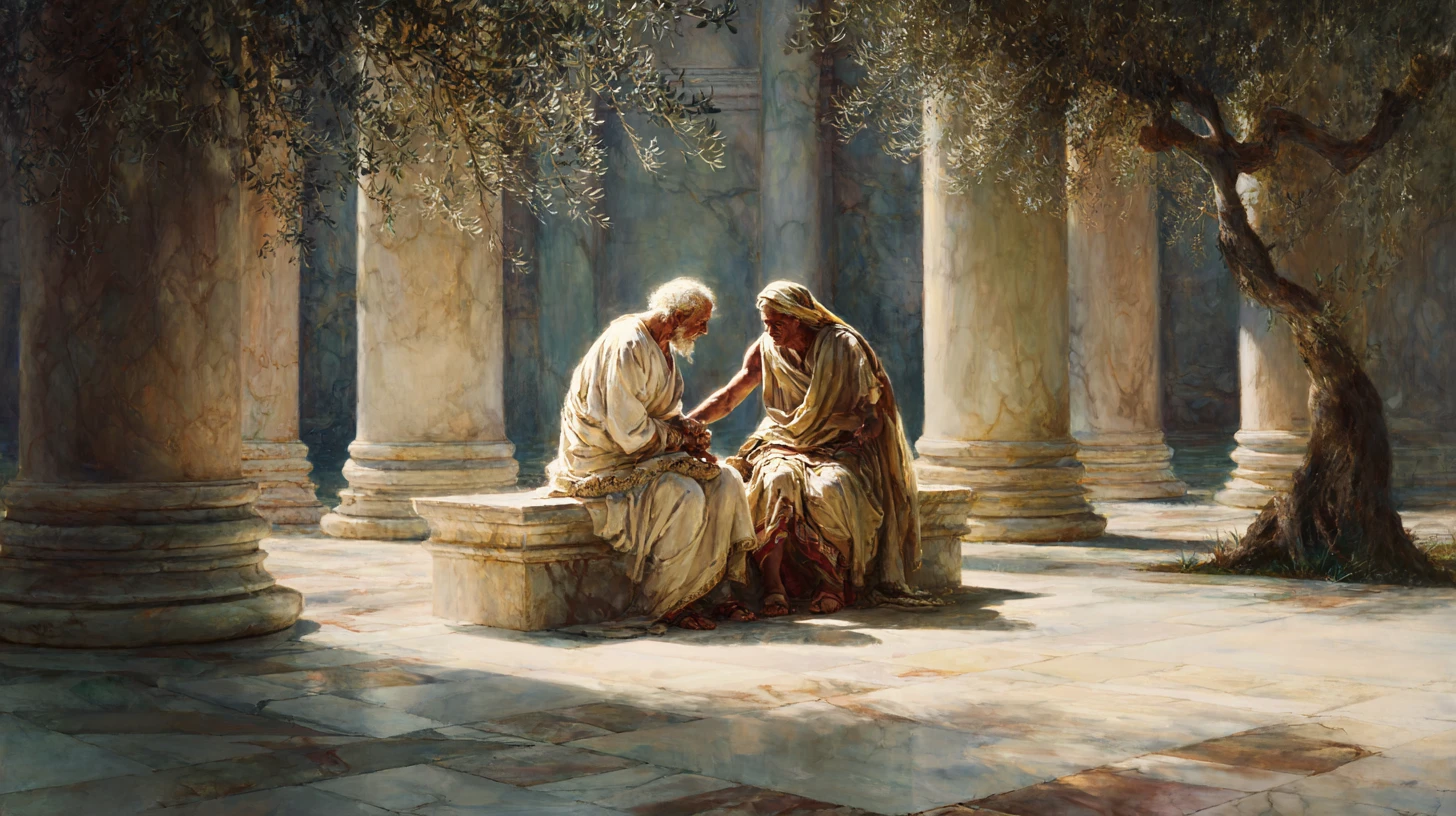 Young helper offering support in a grand ancient temple