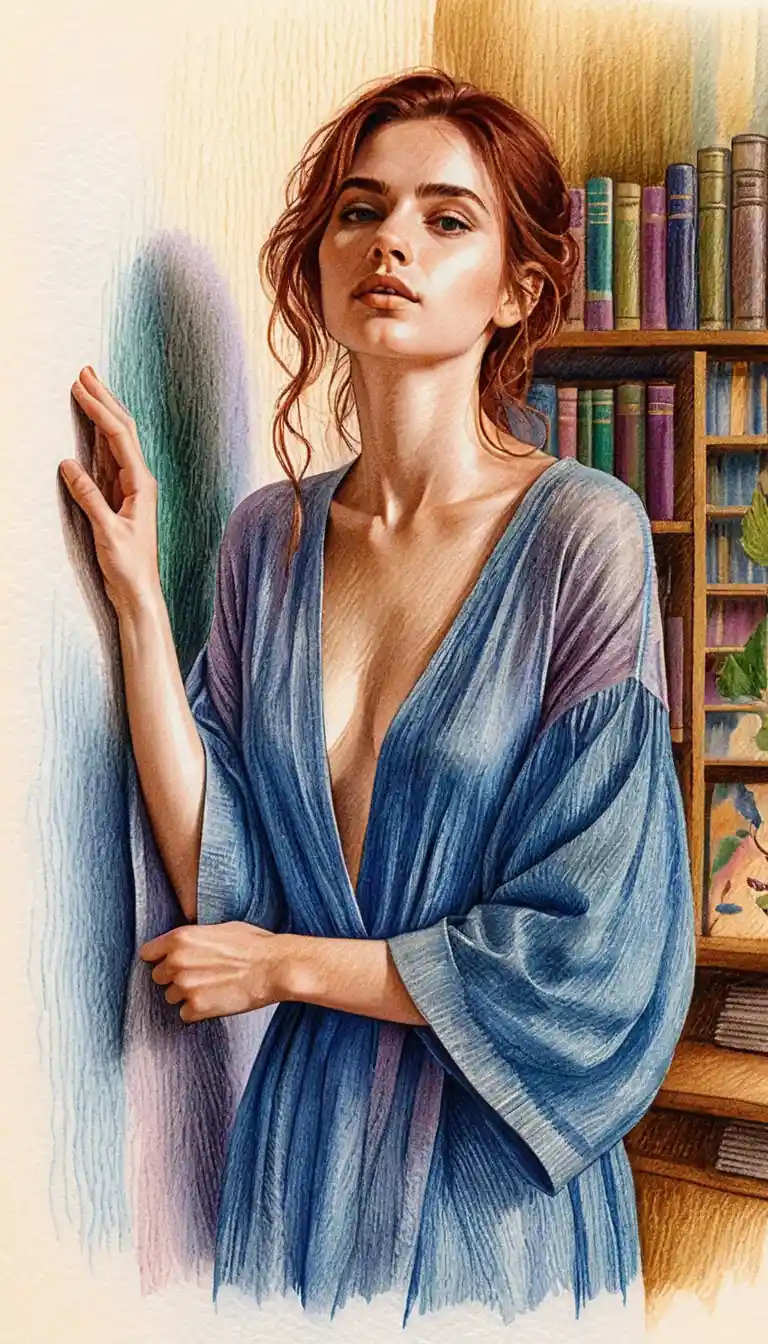 Elegant woman in blue robe colored pencil portrait