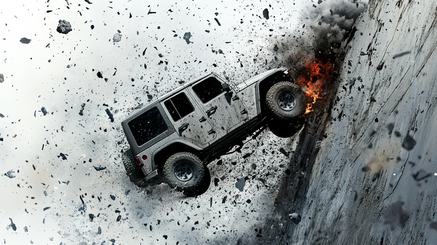 Lifted jeep smashing through a concrete wall in vector art