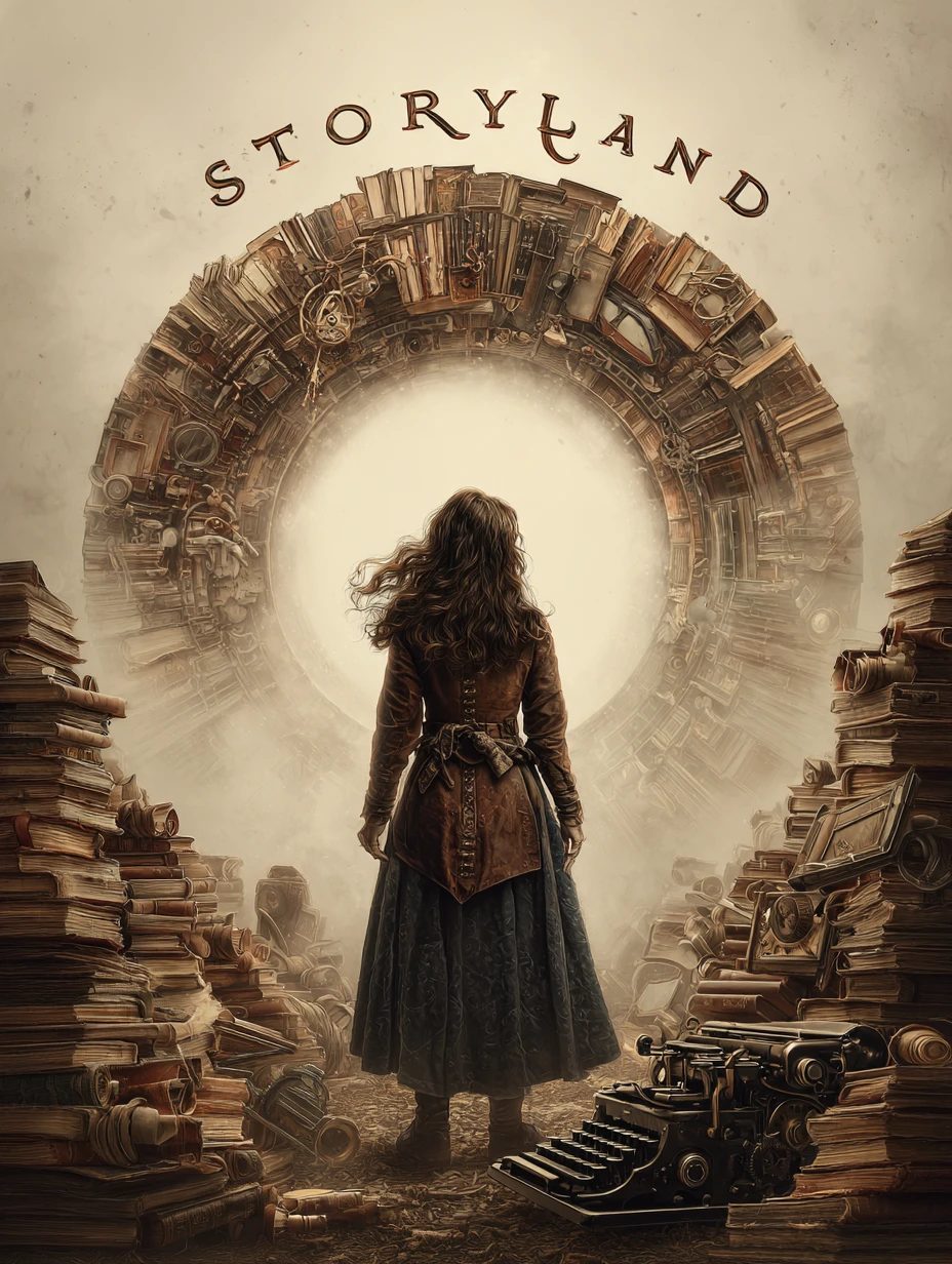Mujer steampunk frente a un portal mágico de libros