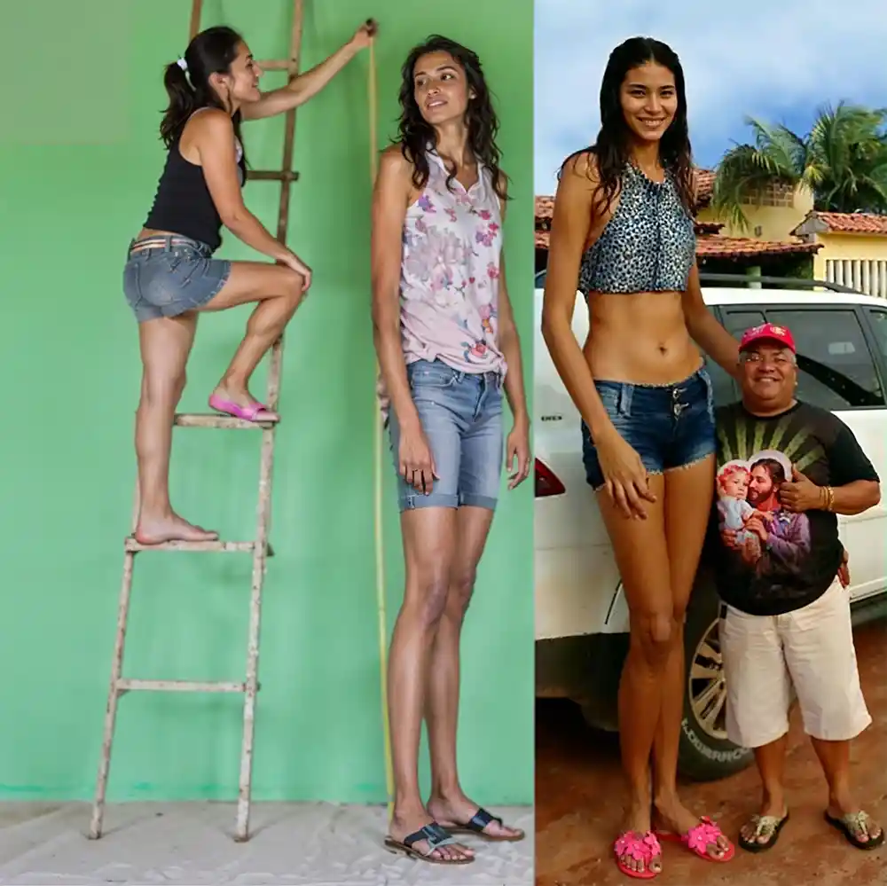 Petite woman measuring height beside taller barefoot woman