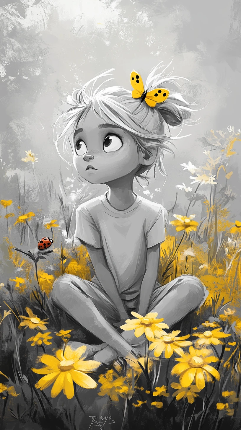 Young girl in a field of yellow flowers with insects