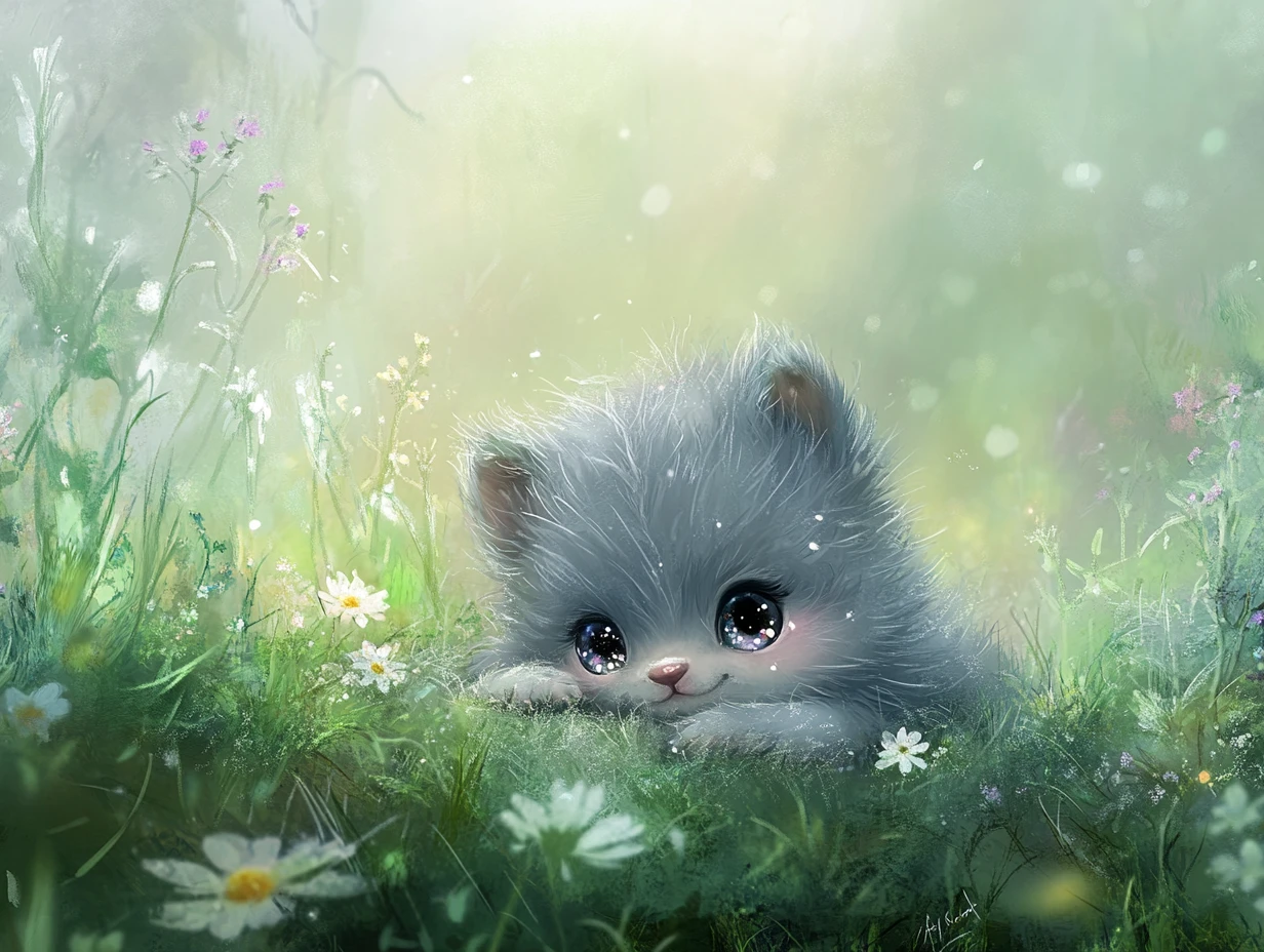 Cute baby animal resting in a misty green meadow