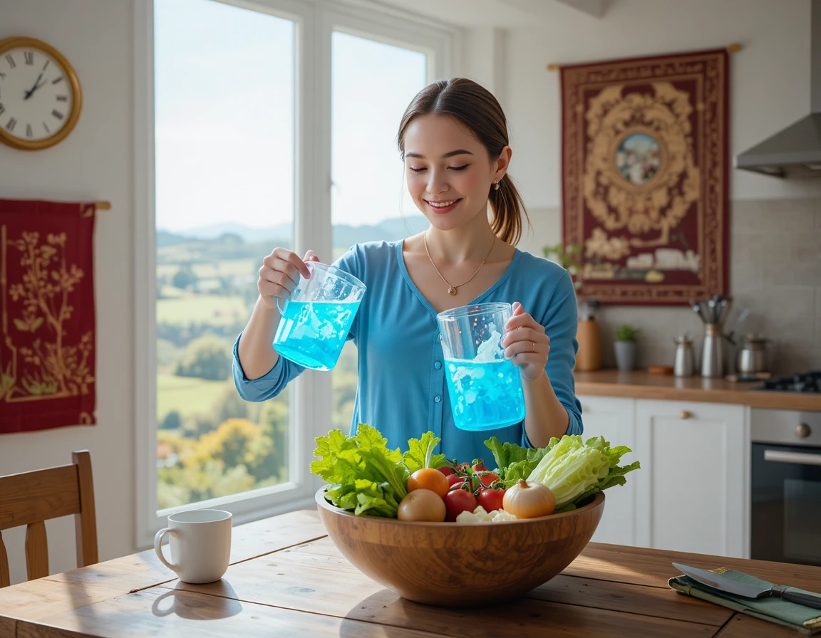 Mujer vertiendo líquido azul brillante en cocina soleada