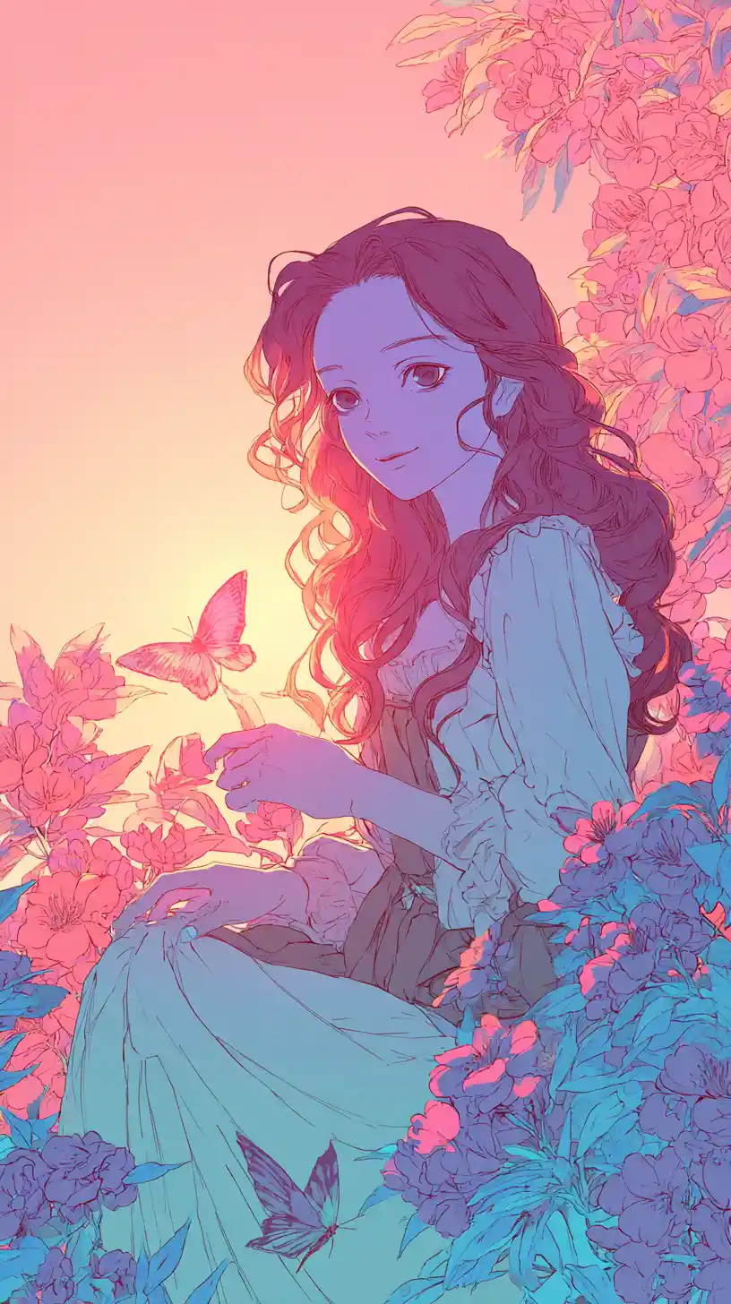 Chica de anime sentada en un campo de cerezos en flor bañado por el sol
