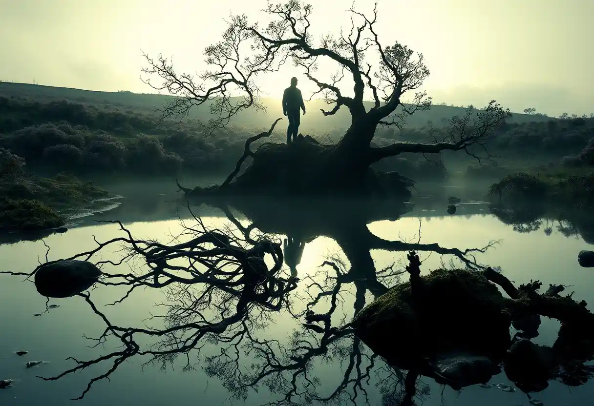 Lone figure fading into misty moor at pale dawn