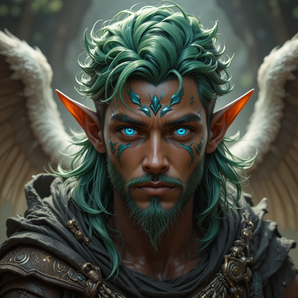 Brown skinned forge mage with bright blue eyes and green hair