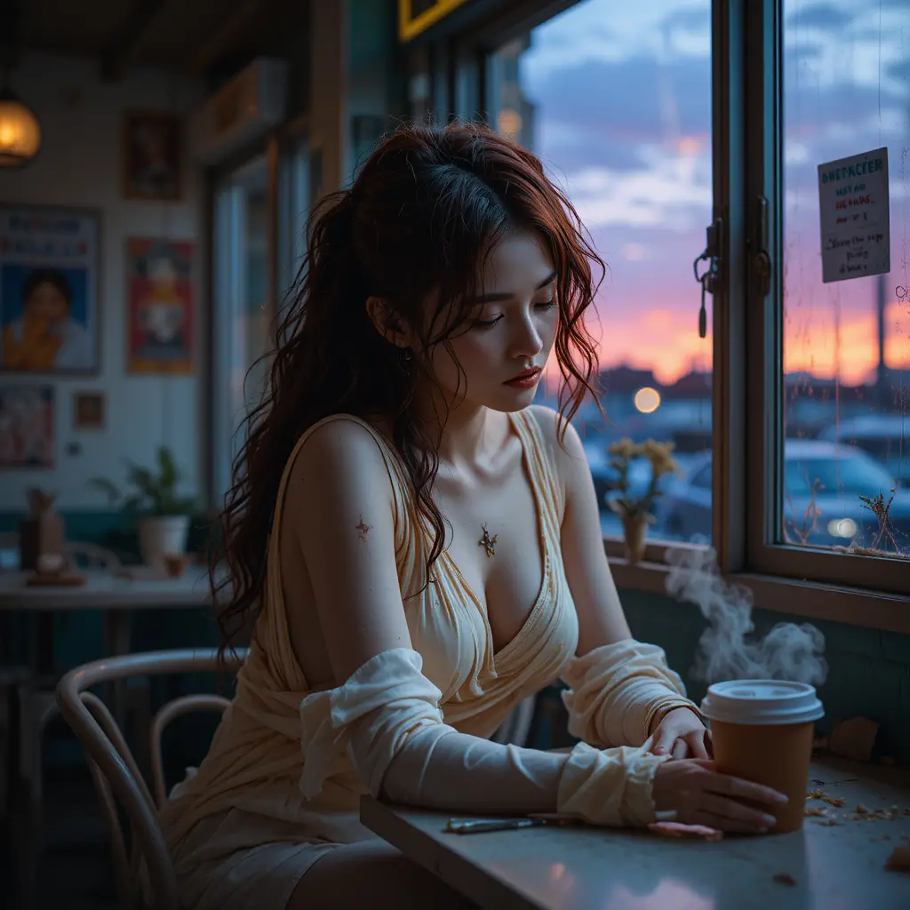Exhausted divine woman resting in a small sunset deli