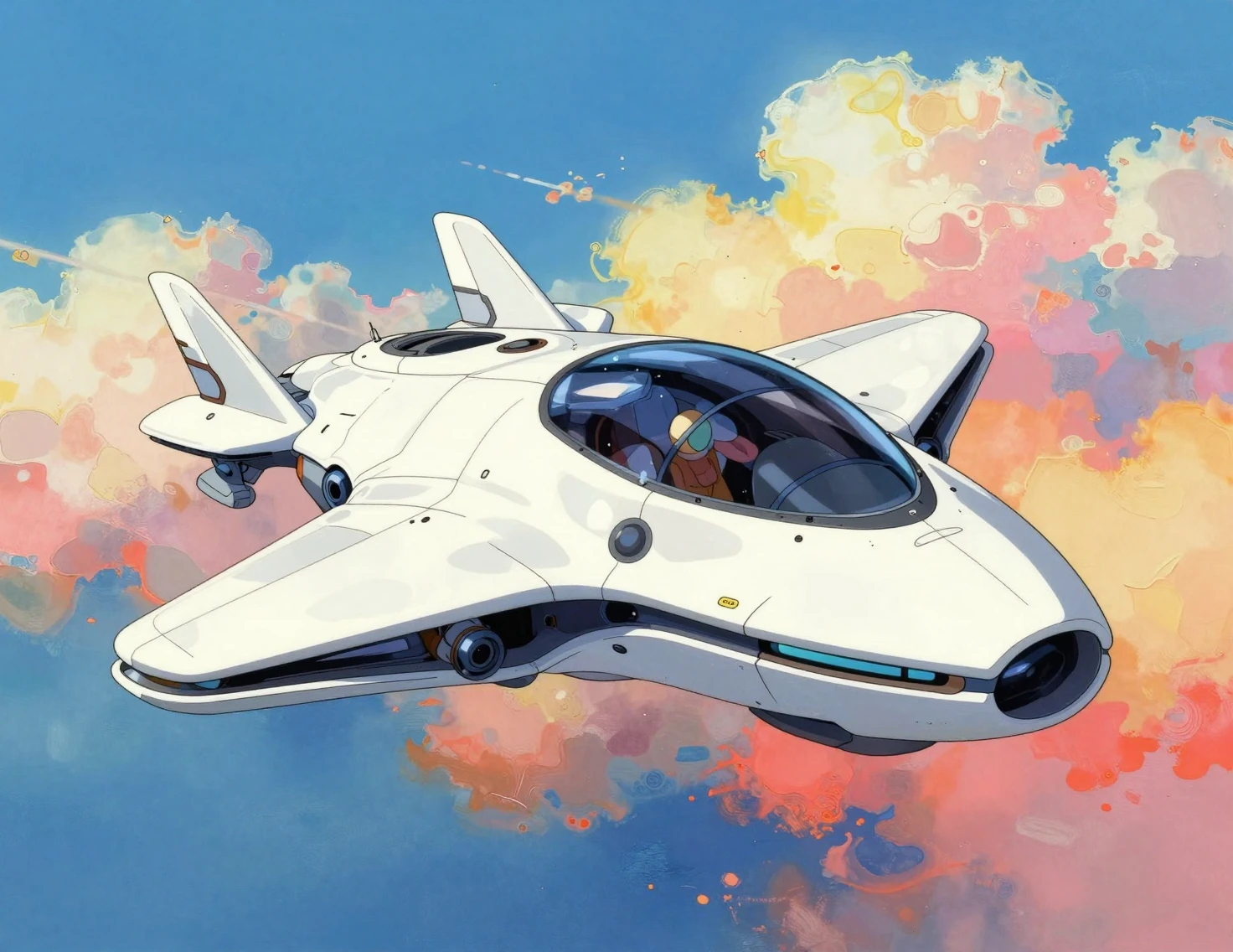 Futuristic sci fi spacecraft gliding through colorful outer space