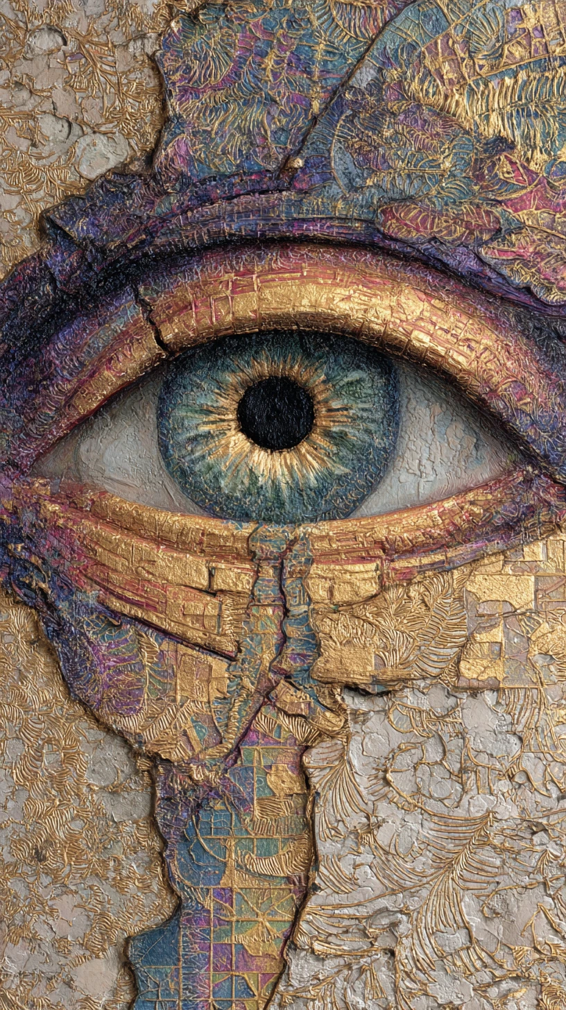 Surreal abstract painting of a single eye in cracked textures