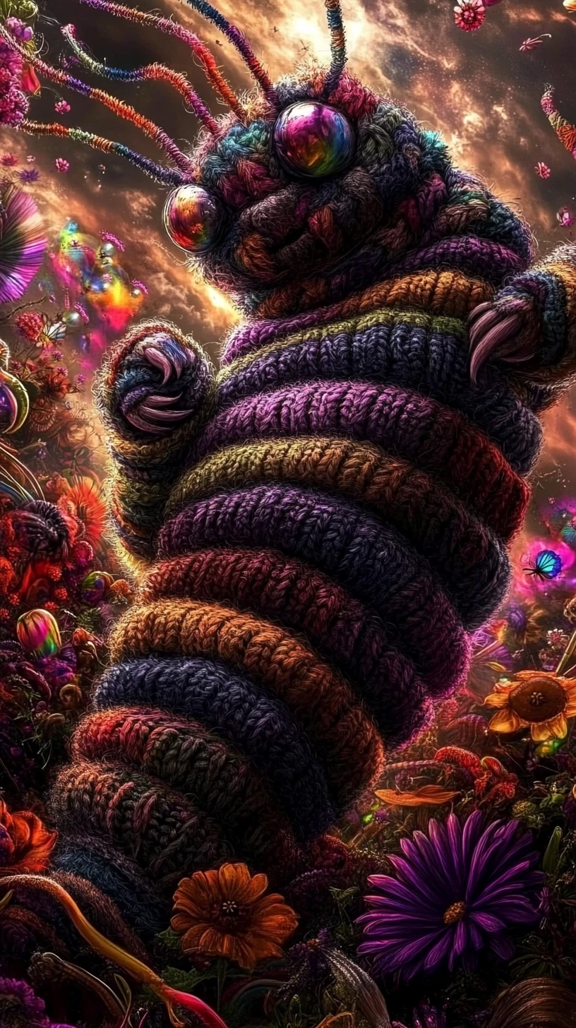 Colorful caterpillar in a fuzzy sweater among psychedelic flowers