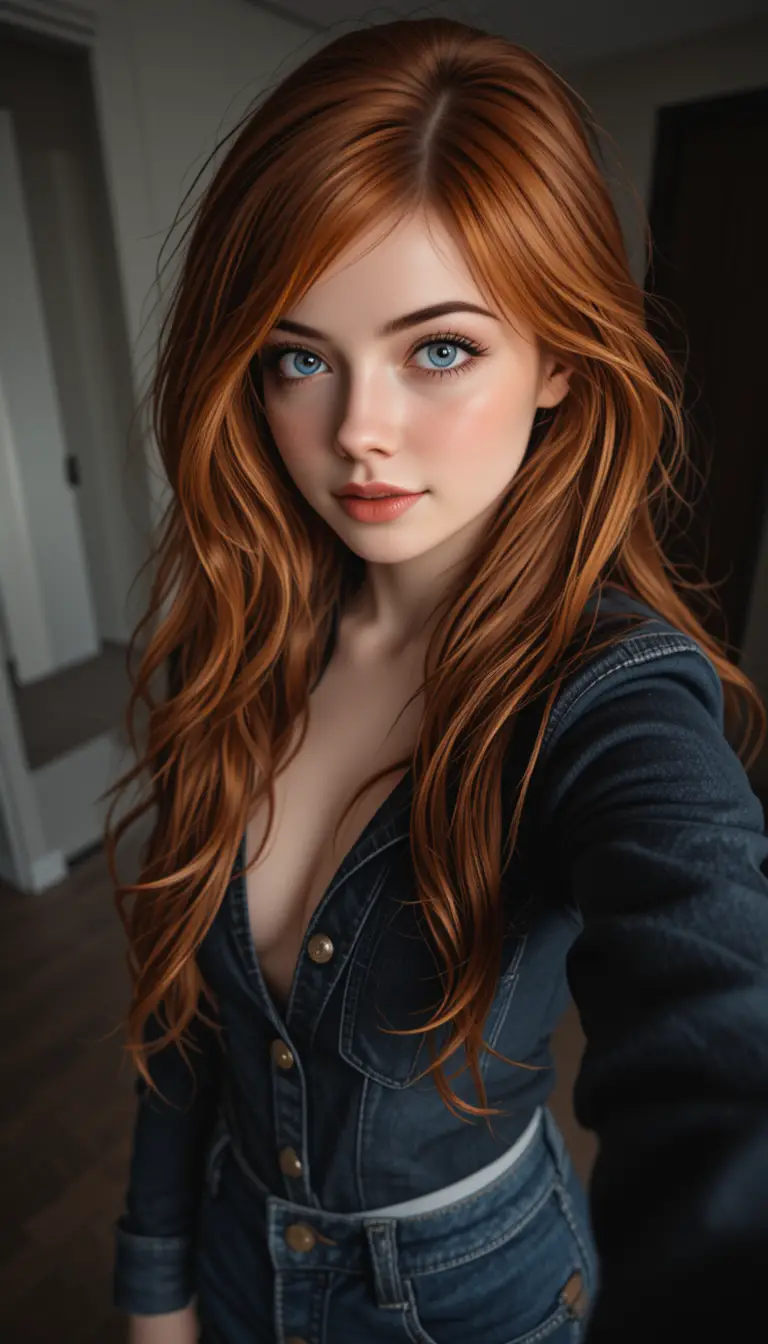 Young red haired woman in denim taking a selfie pov
