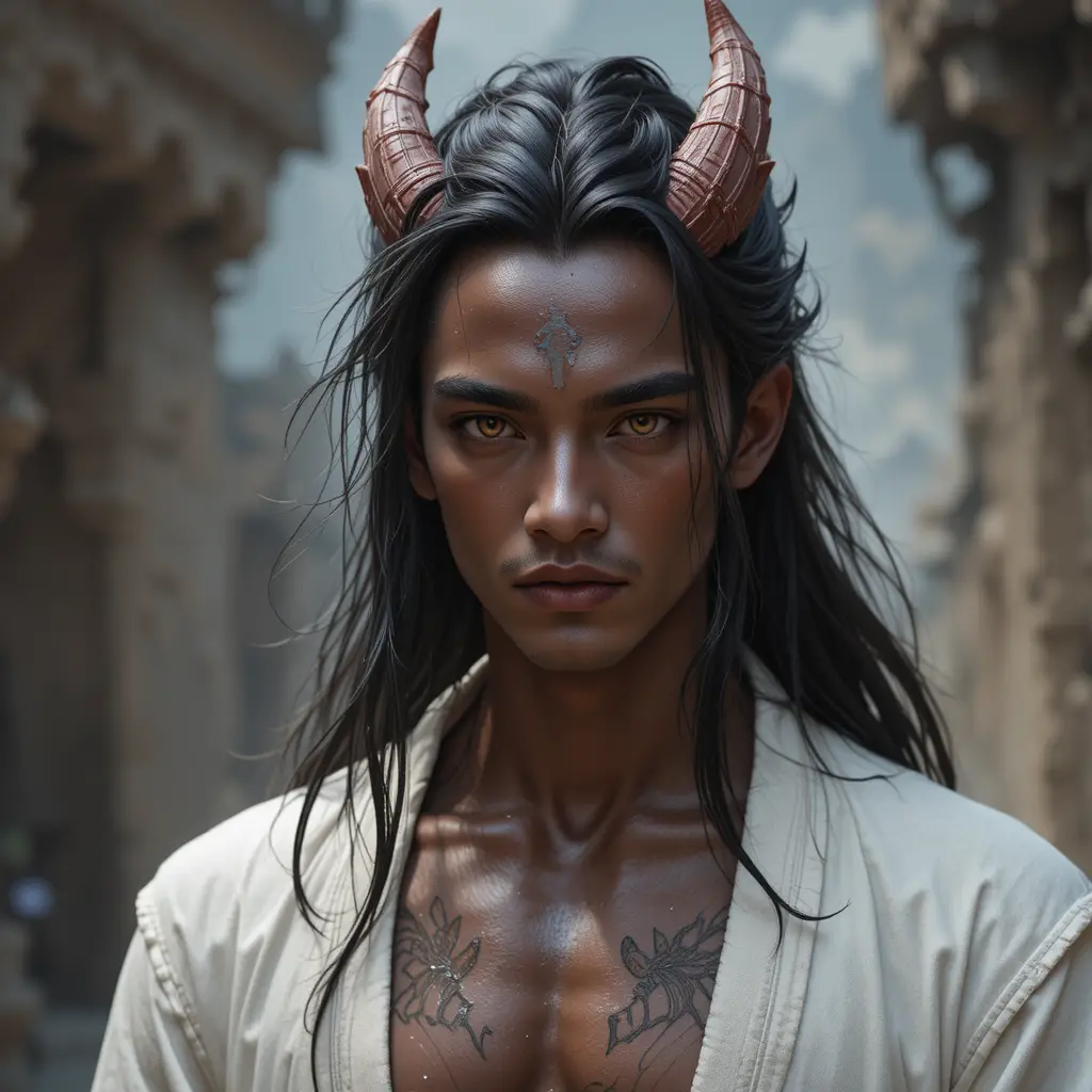 Brown skinned dragon man with red eyes and black wild hair