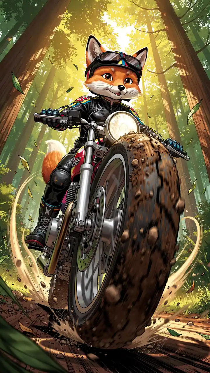Brave fox rider racing past a giant motorcycle wheel