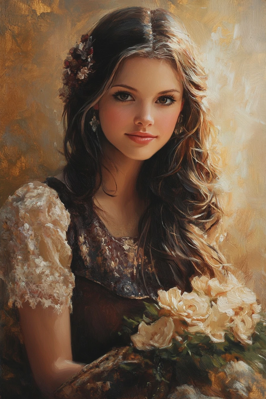 Elegant woman in baroque interior with soft golden glow