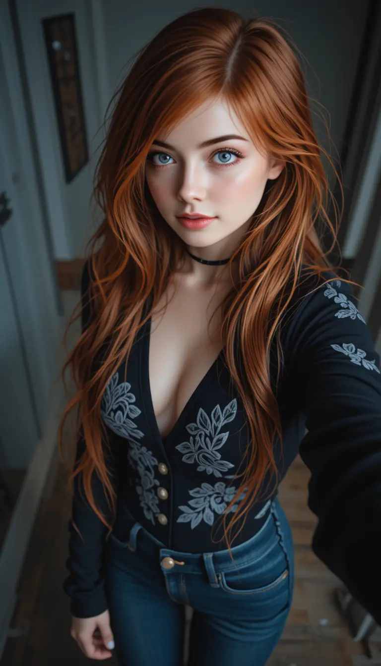 Young red haired woman in jeans taking a selfie pov