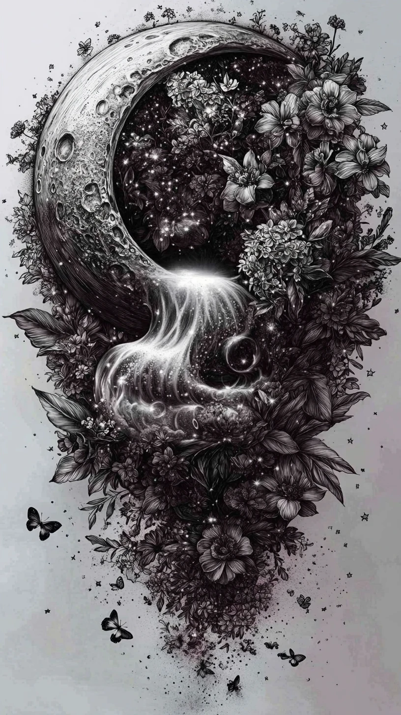 Surreal crescent moon melting into blooming floral design