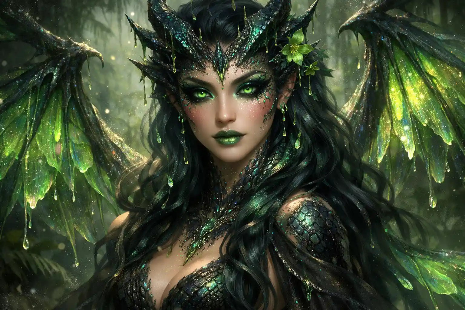 Ritratto della Dea Drago Velenosa con Bellezza di Scaglie Smeraldo