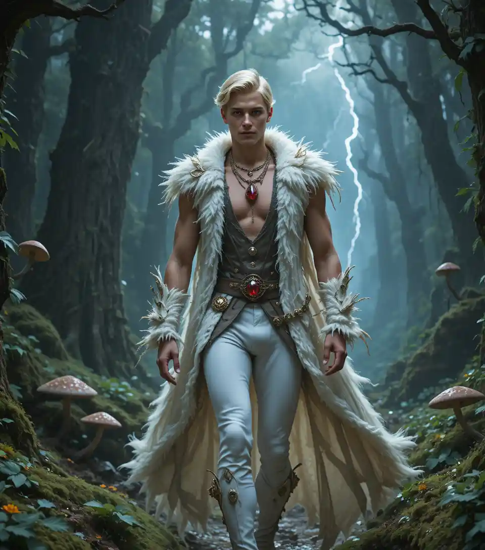 Young blond prince walking through a stormy forest