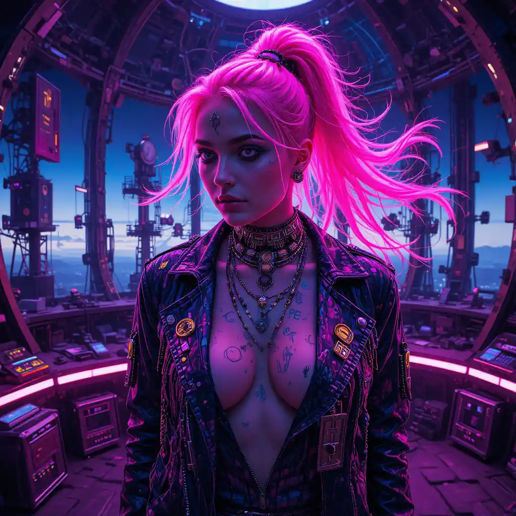 Surreal neon portrait of a woman in a high observatory