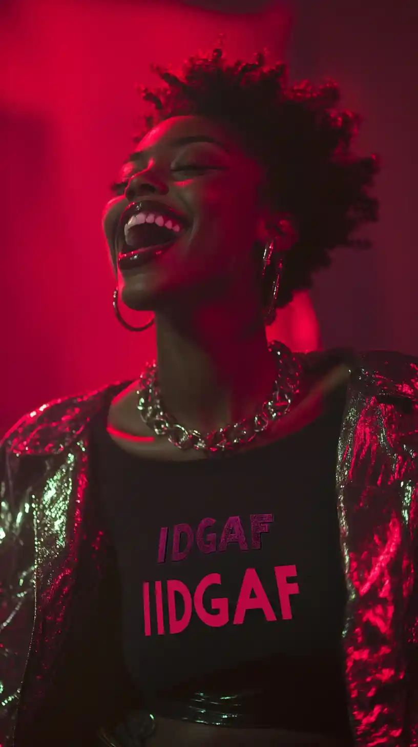 Laughing Afrofuturistic model in bold graphic statement shirt