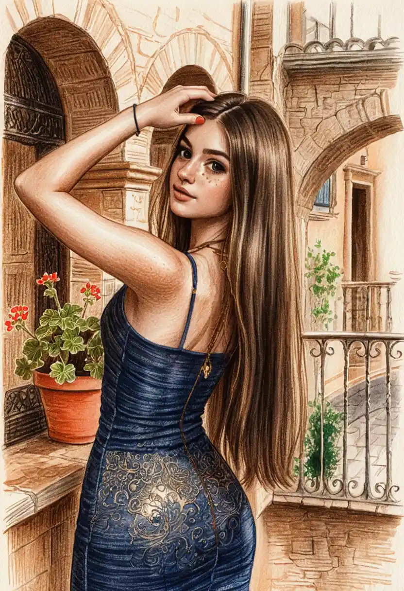 Freckled young woman in blue dress on stone balcony