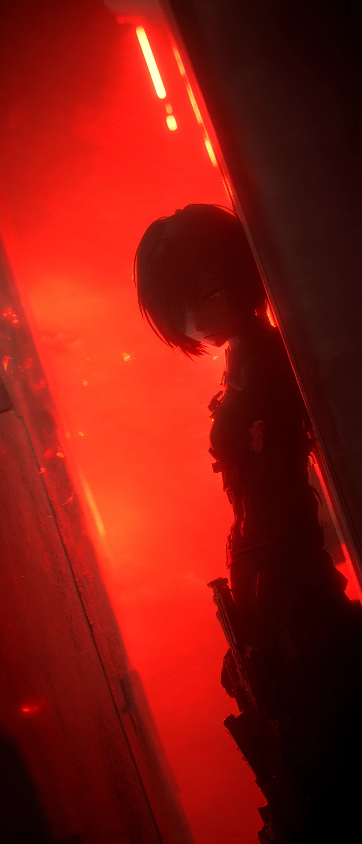 Operativo sombrío de anime irrumpiendo en una puerta de búnker reforzada