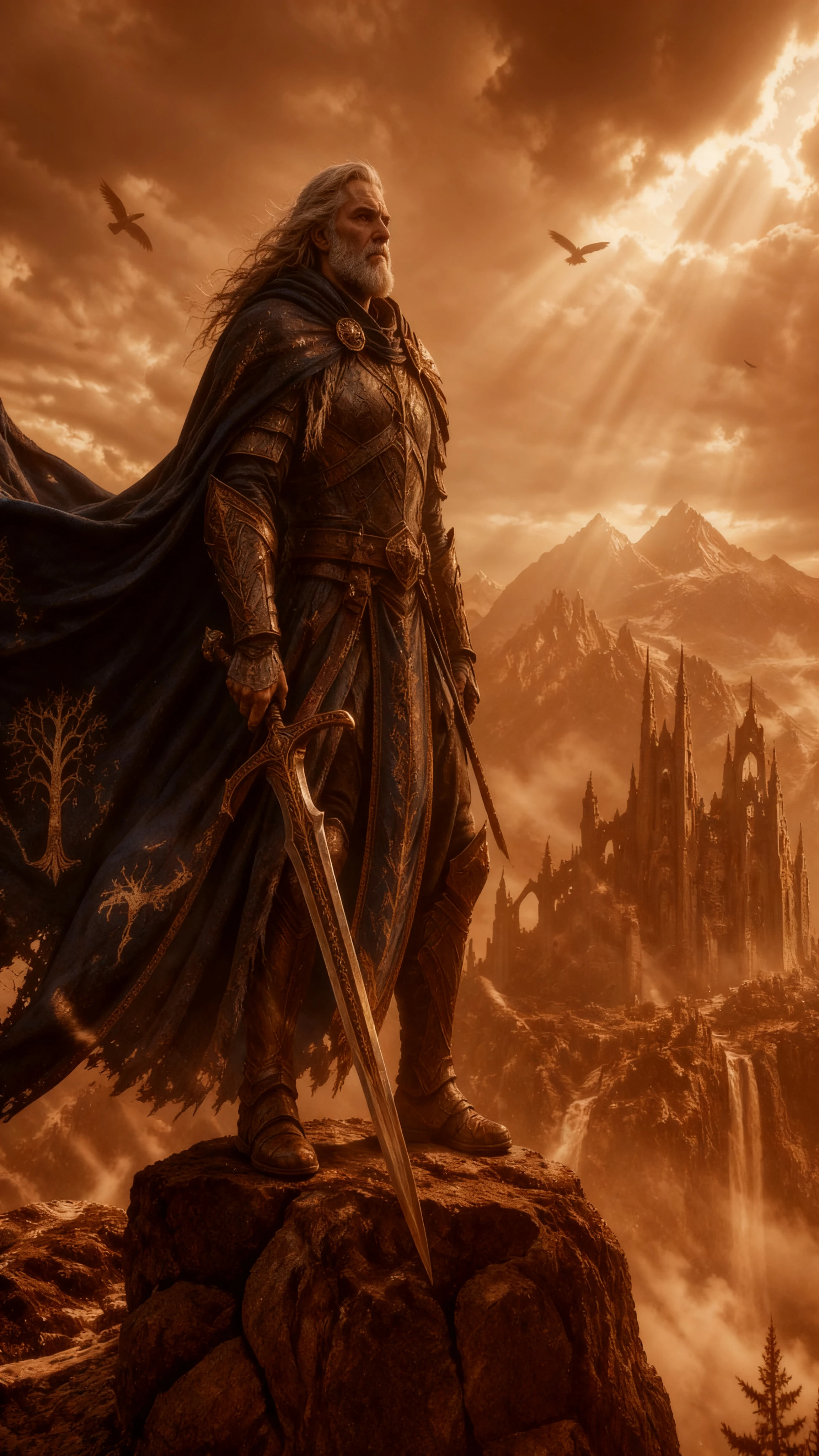 Lone warrior on a windswept hill beneath gathering storm clouds