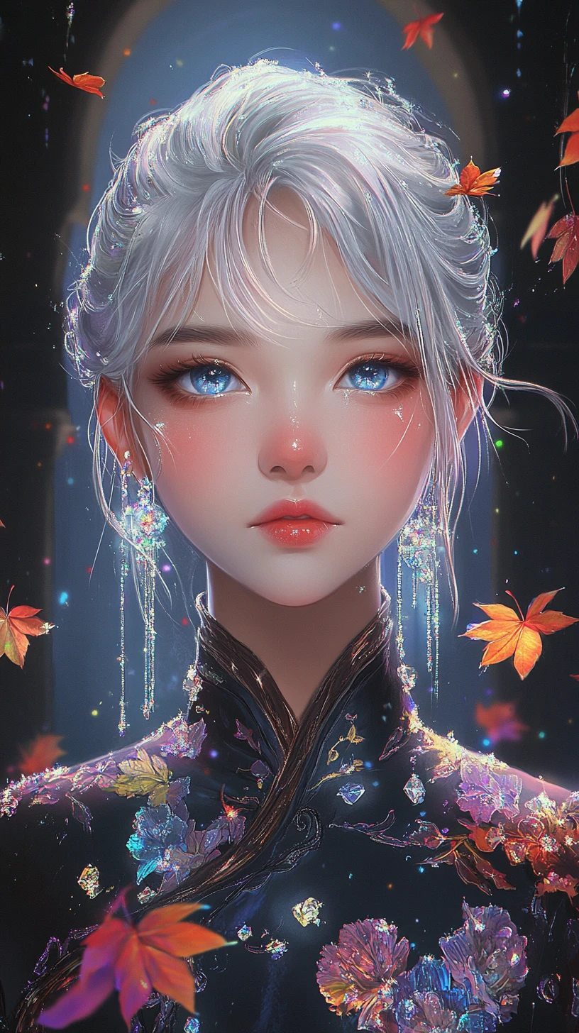 Silver haired anime girl in crystal maple leaf qipao