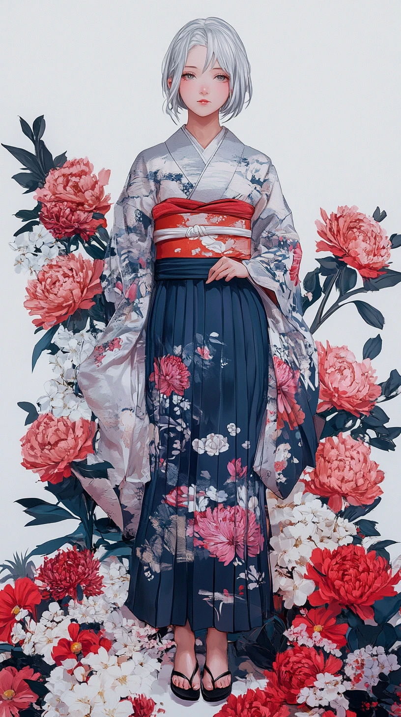 Elegant anime woman in floral kimono with serene pose