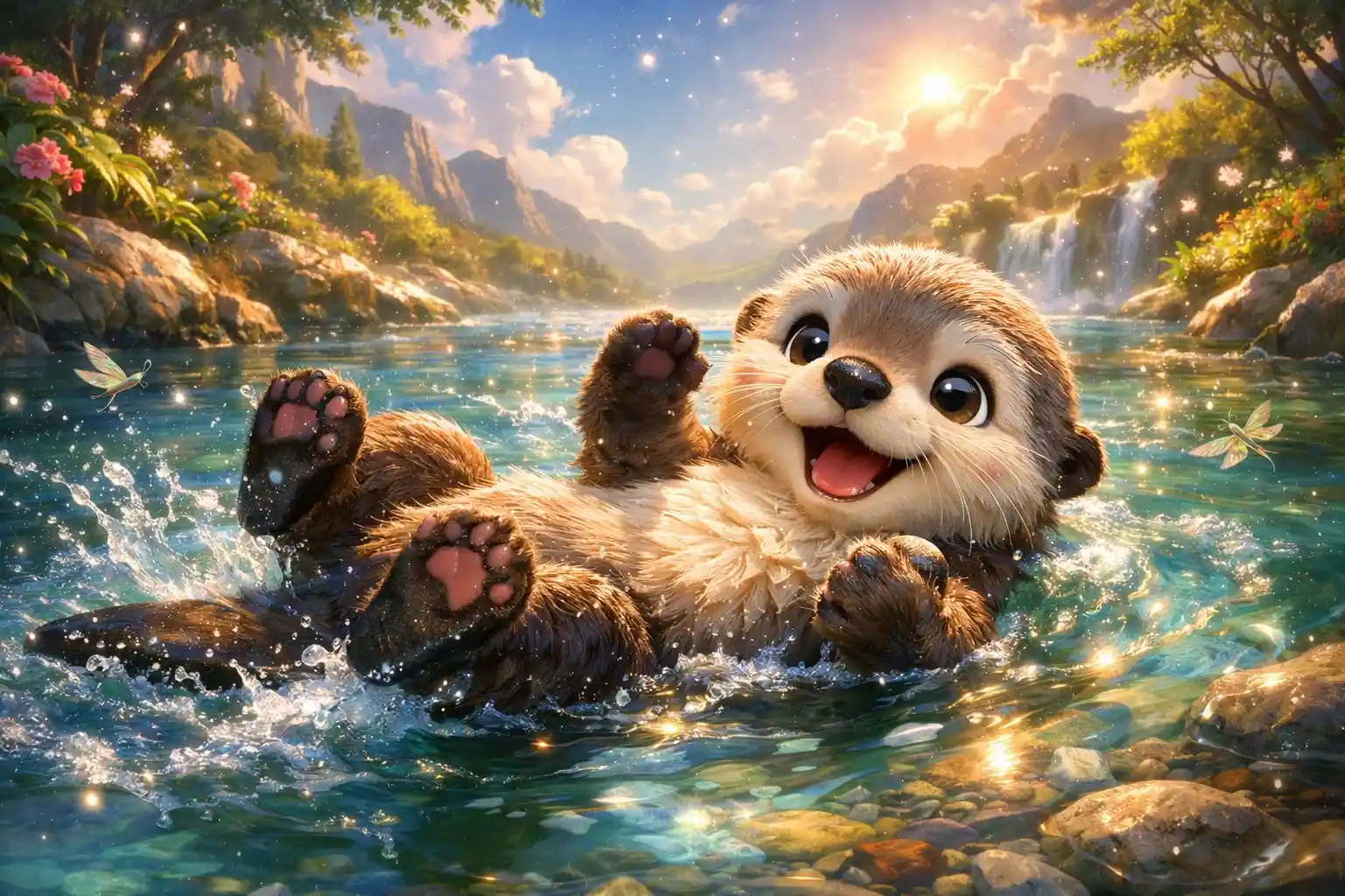 Fröhliches Seeotterbaby treibt auf einem klaren Fluss
