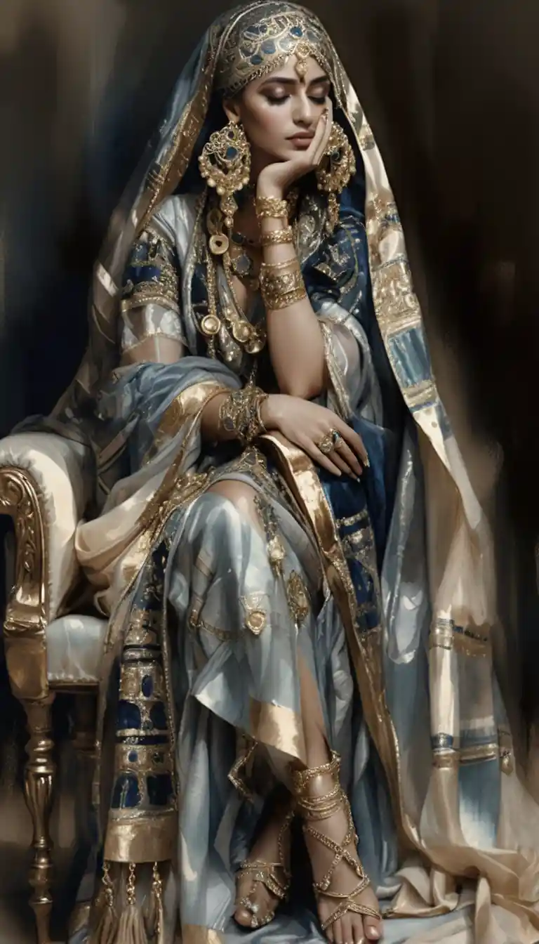 Elegant Arab woman in ornate chair with ceremonial attire