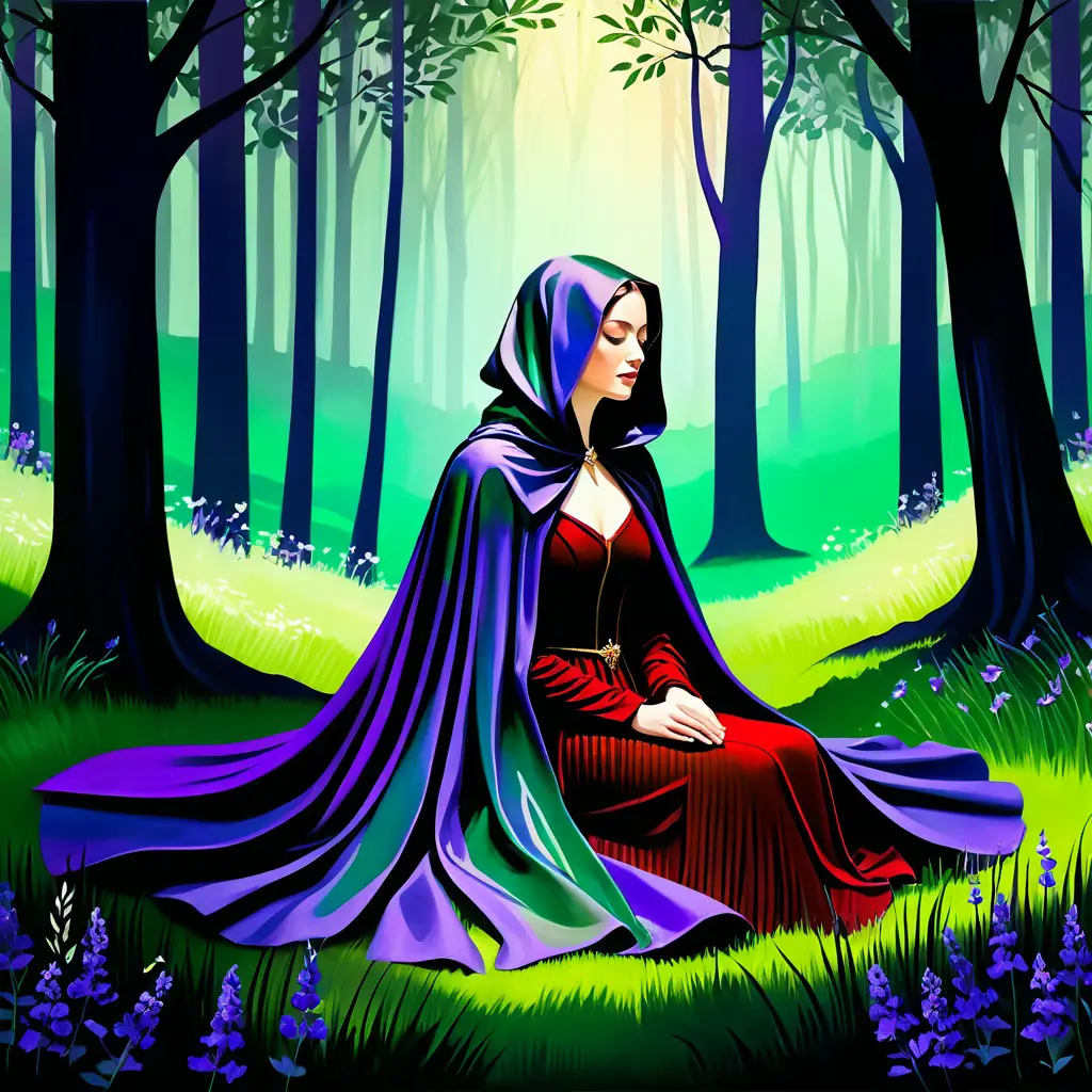 Woman in royal cloak resting in a shadowy forest