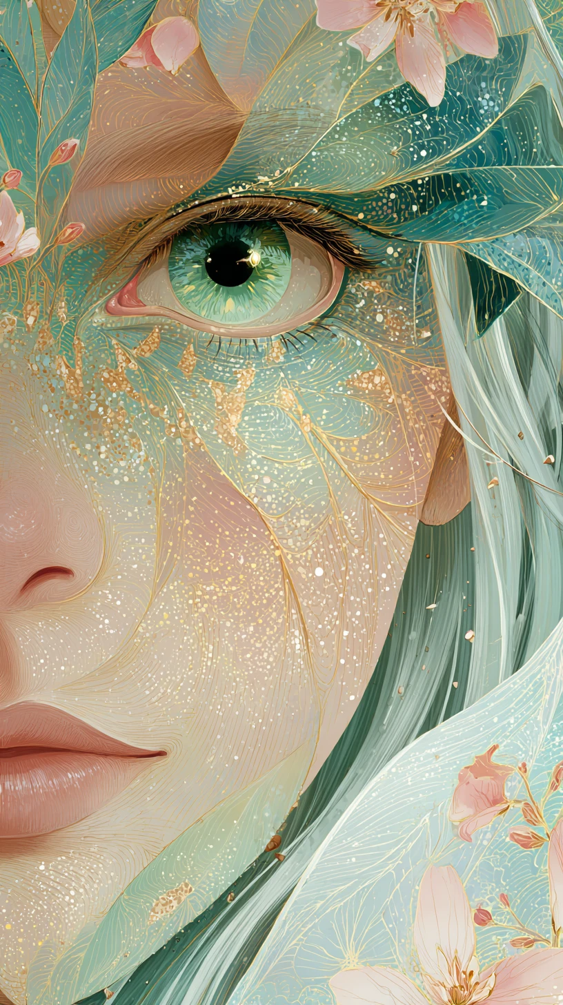Espíritu de sirena en acuarela en primer plano con ojos luminosos