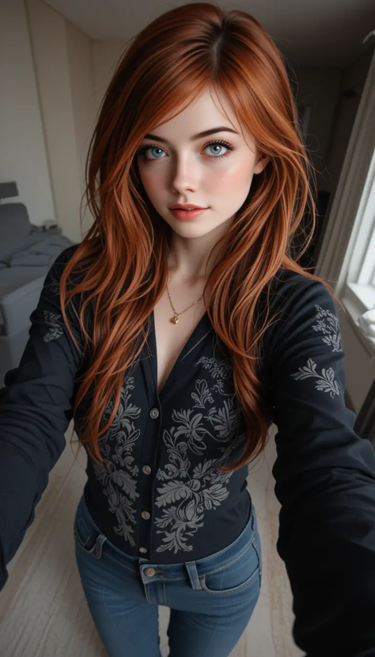 Young red haired woman in jeans taking a selfie pov