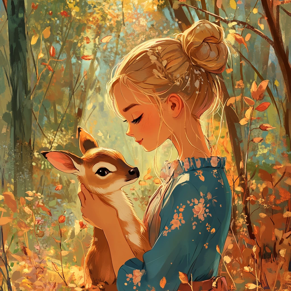 Chica de anime abrazando a un cervatillo en un bosque de ensueño