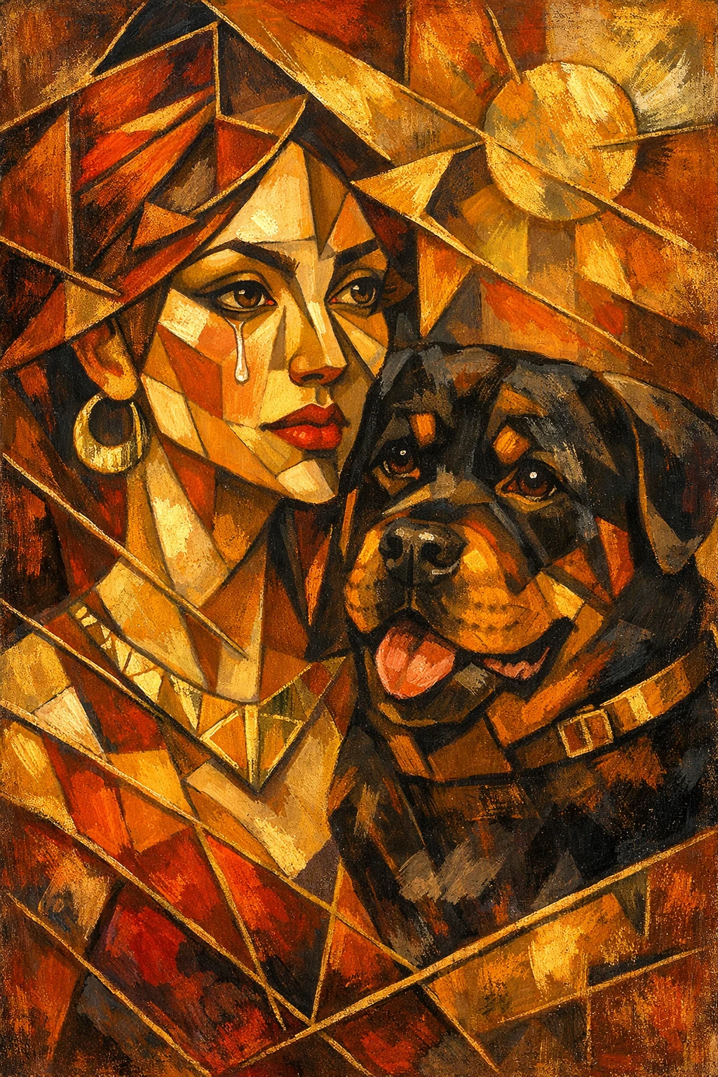 Retrato cubista de uma mulher com seu leal rottweiler