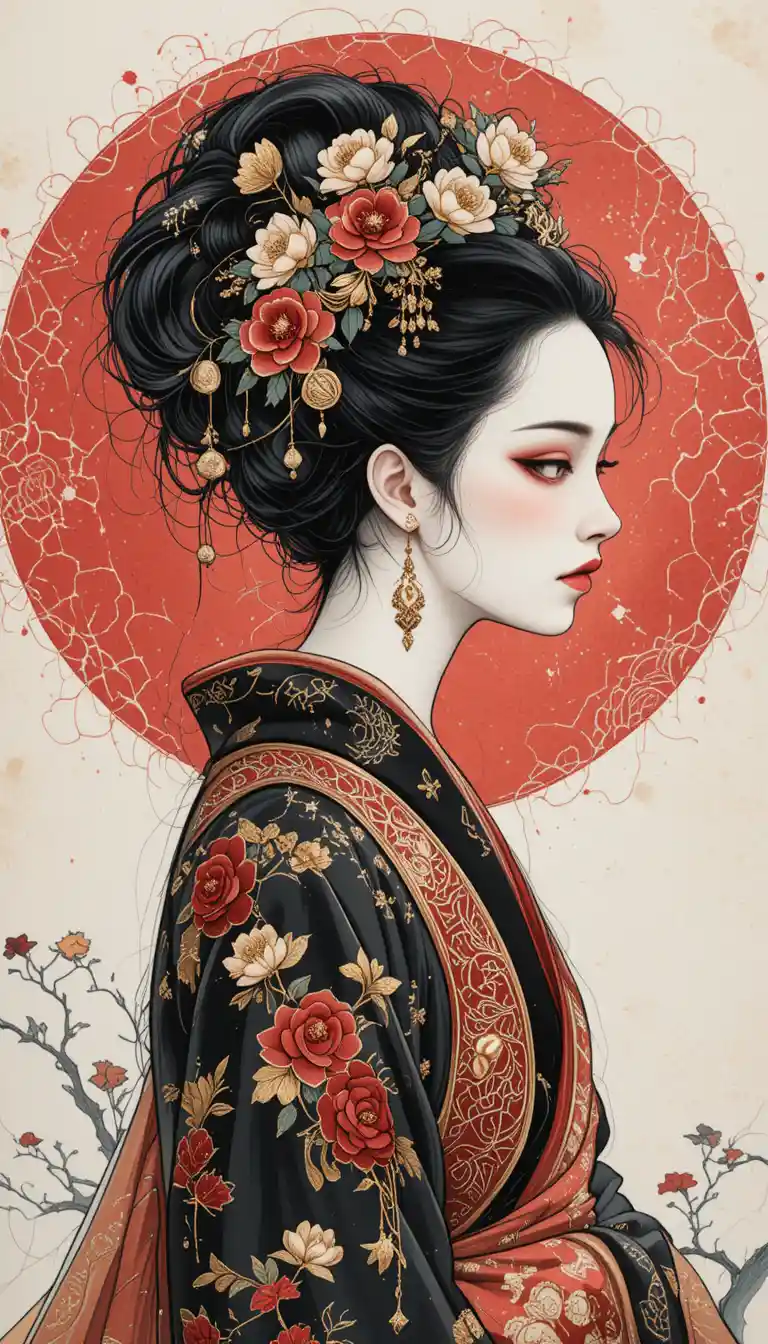 Elegant ink portrait of a woman in ornate dragon kimono